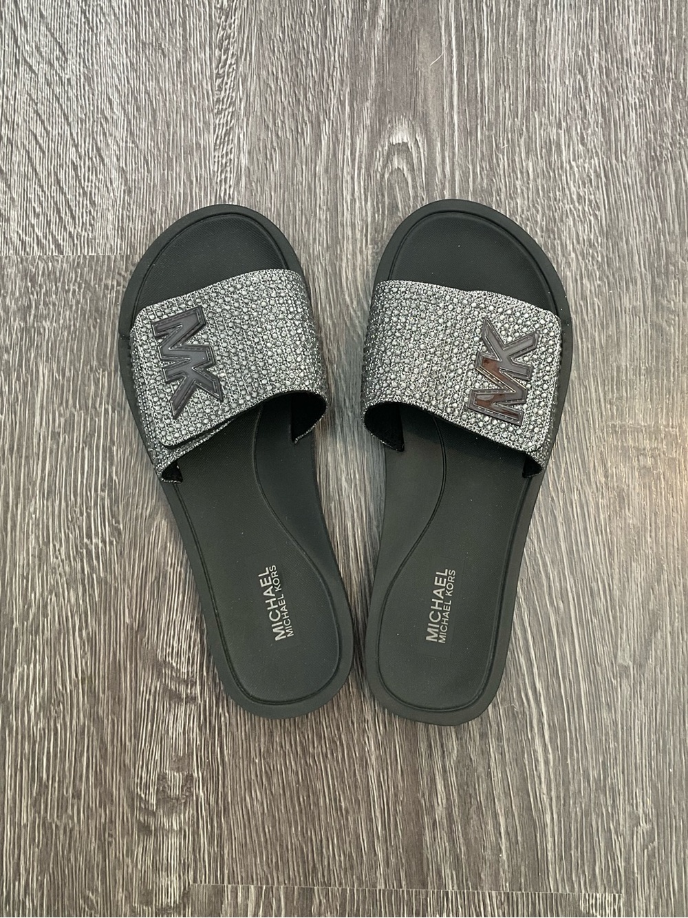 Michael Kors Black Slide Sandals with Silver Sparkle Strap